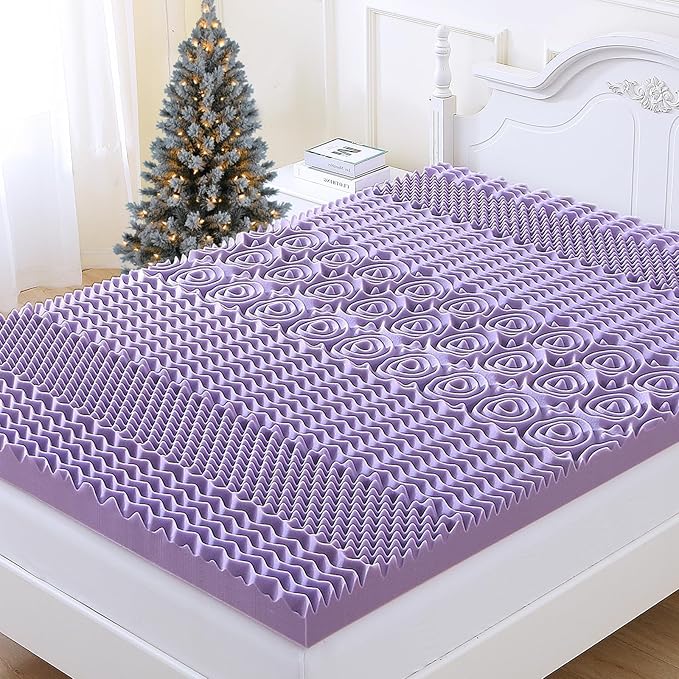 MUXHOMO 3.9 Inch 7-Zone King Mattress Topper, Egg Crate Foam Mattress Topper King Size for Back Pain, Lavender Cooling Gel Infused Bed Pad, CertiPUR-US and Oeko-TEX Certification (76"×80")