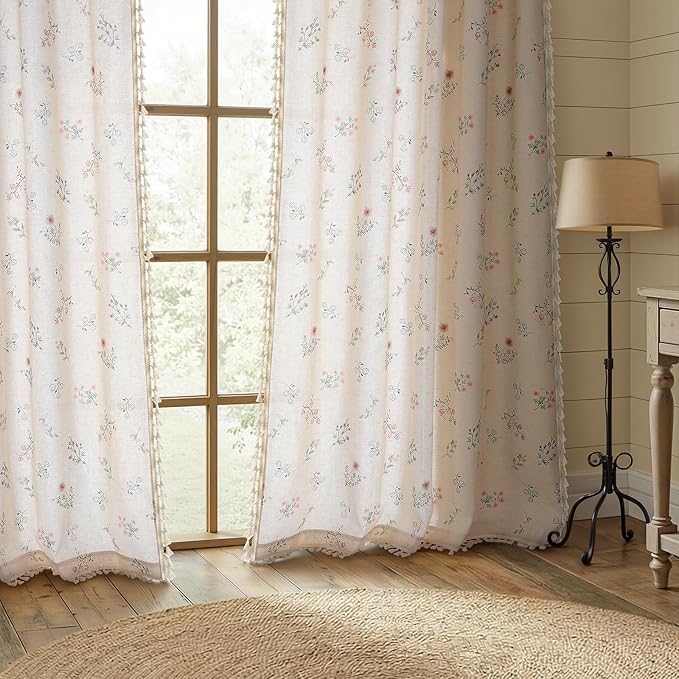 Boho Floral Light Filtering Curtains 96 Inch 2 Panels Linen Texture | Farmhouse by Unknown