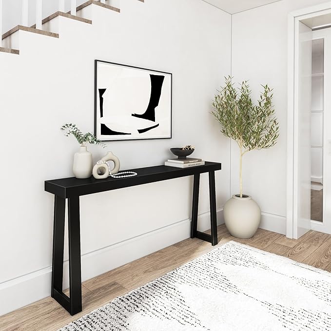 Plank+Beam Solid Wood Console Table, 66 Inch, Sofa Table, Narrow Entryway Table for Hallway, Behind The Couch, Living Room, Foyer, Easy Assembly, Black