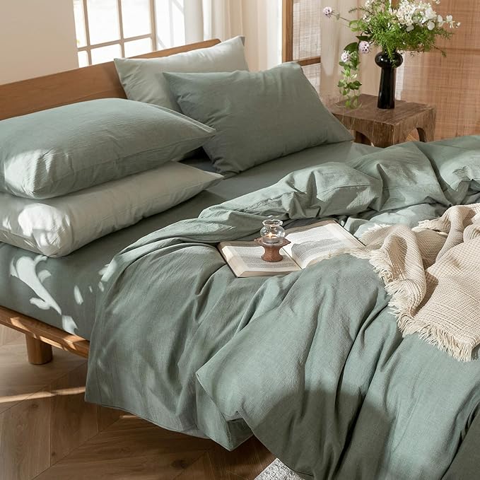 MooMee Bedding Duvet Cover Set 100% Washed Cotton Linen Like Textured Breathable Durable Soft Comfy (Heathered Green, Palatial King/Oversized King 120"x98")