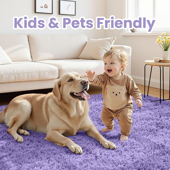 6x9 Fluffy Shag Area Rugs for Living Room Bedroom: Soft Plush Carpet Purple | - Image 3