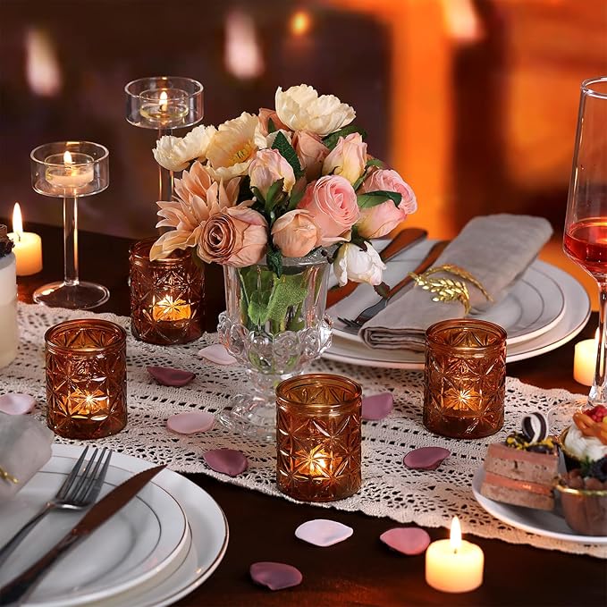 12 Pack Vintage Amber Votive Candle Holders, Glass Candle Holders for Wedding Table Centerpiece, Small Tealight Candle Holder for Home Decor, Tea Lights Candle Holder for Party, Boho Fall Decor
