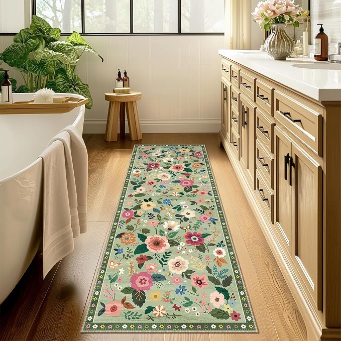 Floral Washable 2x6 Area Rugs Runner Entryway Hallway LightGreen | Flower - Image 9