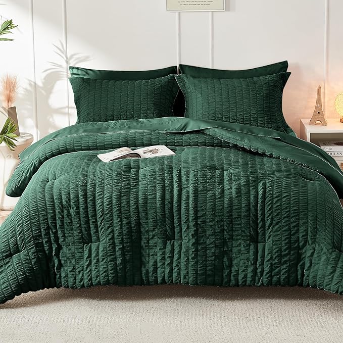 HYMOKEGE Emerald Green Twin Comforter Set Seersucker 5 Pieces, All Season Luxury Bed in a Bag for Bedroom, Bedding Set with Comforter, Sheets, Pillowcase & Sham