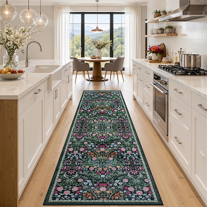 PLHXFR 3x10 Washable Runner Rug：Floral Indoor Kitchen Carpet Dark Green | by PLHXFRSoftAreaRugs
