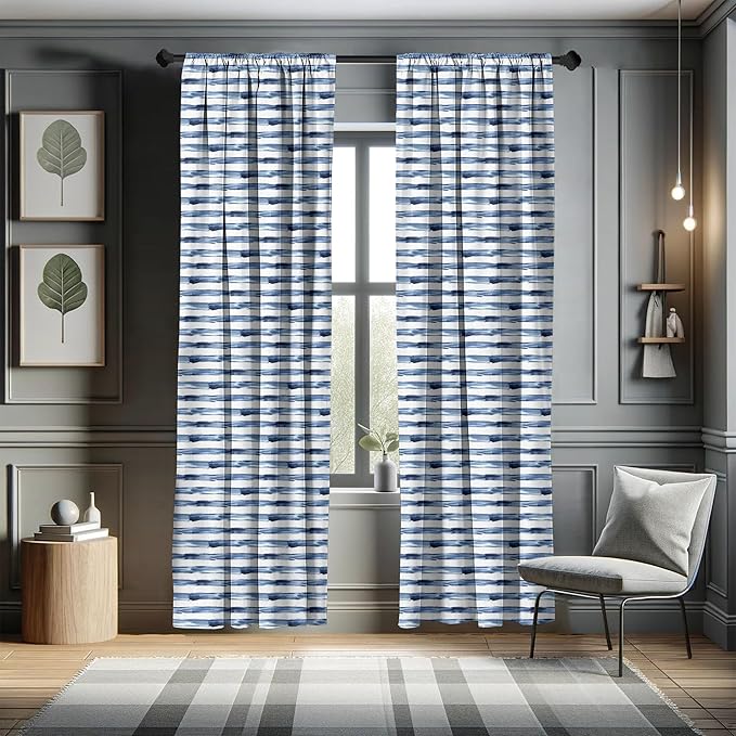 Ambesonne Harbour Stripe Window Curtains, Watercolor Style Paintbrush Stripes Sea Marine Life Lines Image, Lightweight Decor 2-Panel Set with Rod Pocket, Pair of - 28" x 63", Blue Night