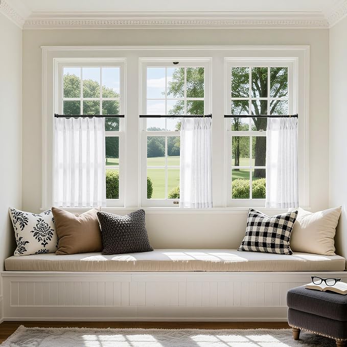White Linen Kitchen Window Curtains 2 Panels Pinch Pleated 24 Inch Length | - Image 7