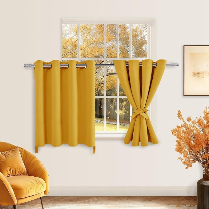 Blackout Curtains for Bedroom, Mustard Yellow 52 x 36 Inch 2 Panels | Thermal - Image 7