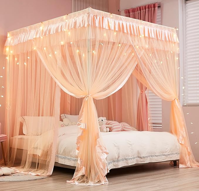 Mengersi Canopy Bed Curtains Twin Sizes,Bed Canopy for Girls Royal Luxurious Cozy Bed Drapes Girls Room Decor(Peach,Twin)