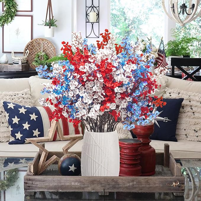 Uieke 30 Pcs 4th of July Artificial Flowers Fake Patriotic Babys Breath Flowers for Independence Day Decor Blue White Red Silk Flowers for Memorial Day Floral Arrangement Home Wedding