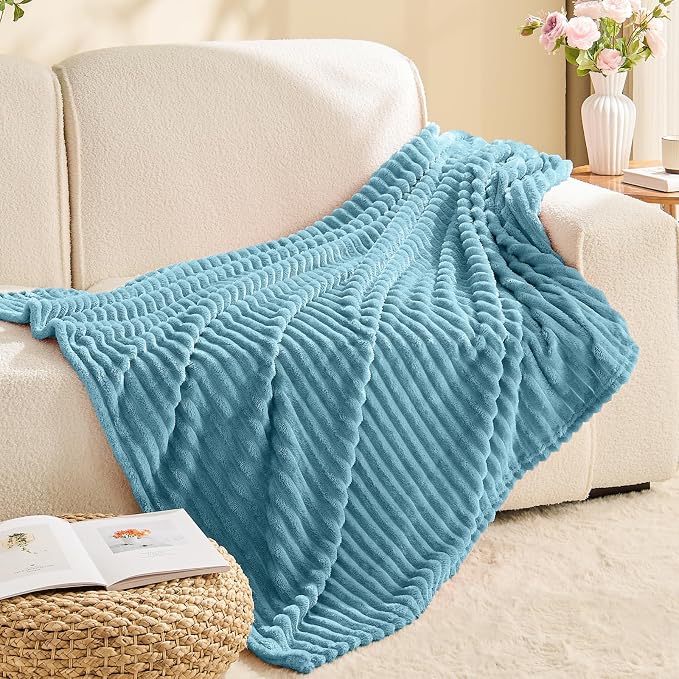 BEDELITE 3D Ribbed Washed Blue Fleece Twin Blanket - Image 8