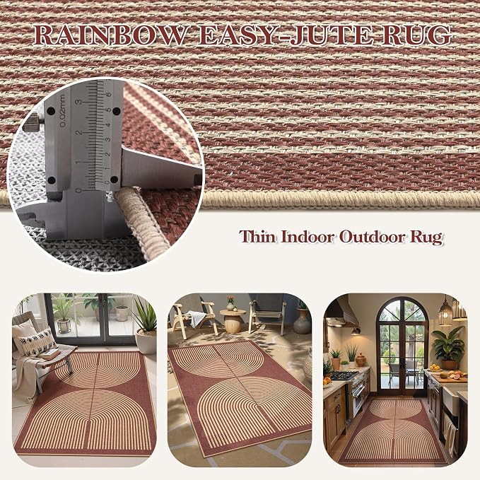 Lahome Rainbow Easy Jute Rug, 3x5 Red Front Porch Entry Way Rugs Indoor | - Image 3
