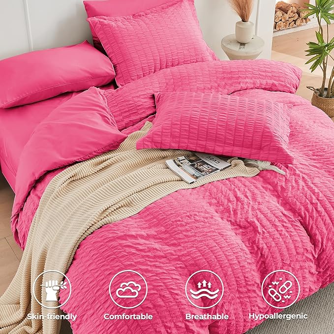 HYMOKEGE Hot Pink California King Comforter Set Seersucker 7 Pieces, All Season Luxury Bed in a Bag for Bedroom, Bedding Set with Comforter, Sheets, Pillowcases & Shams
