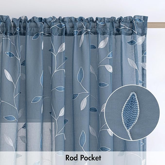 MIULEE Stone Blue Sheer Curtains 2 Panels Leaf Patterned, W52 x L96 | - Image 6