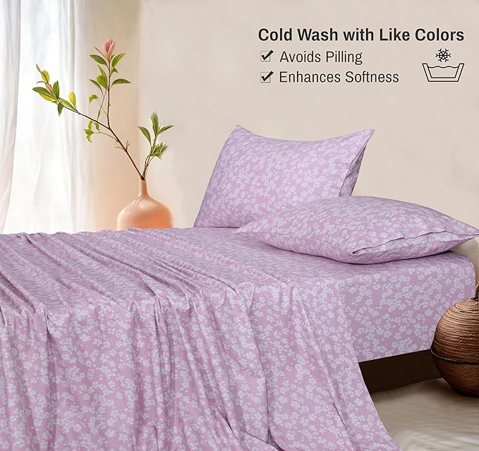 RUVANTI Flannel Sheets Queen Size - 100% Cotton Double Brushed Bed Sheets, Deep Pockets 16 Inches Queen Sheet Set, All Seasons Breathable & Extra Soft - Warm & Cozy, 4 Piece, Pink Flora