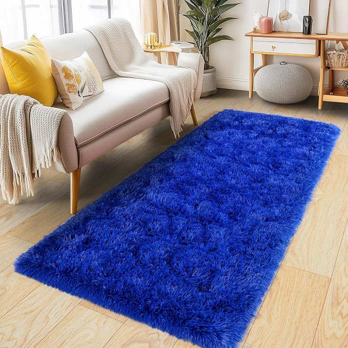 Pionblank Fluffy Runner Rugs for Bedroom 2x6, Royal Blue | Modern Shaggy Area by PIONBLANK