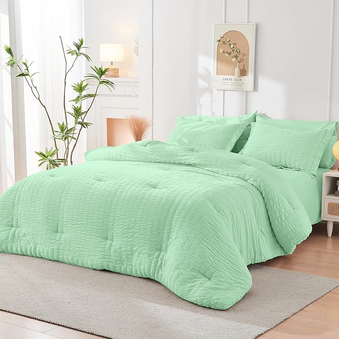 HYMOKEGE Mint Green Twin XL Comforter Set Seersucker 5 Pieces, All Season Luxury Bed in a Bag for Bedroom, Bedding Set with Comforter, Sheets, Pillowcase & Sham