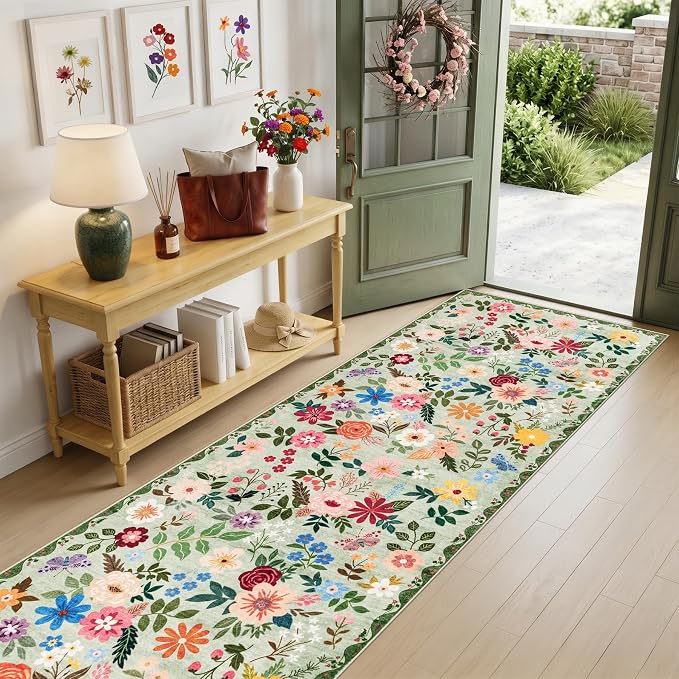 PLHXFR 2.6x10 Washable Runner Rug：Floral Indoor Kitchen Soft Carpet Green | - Image 2