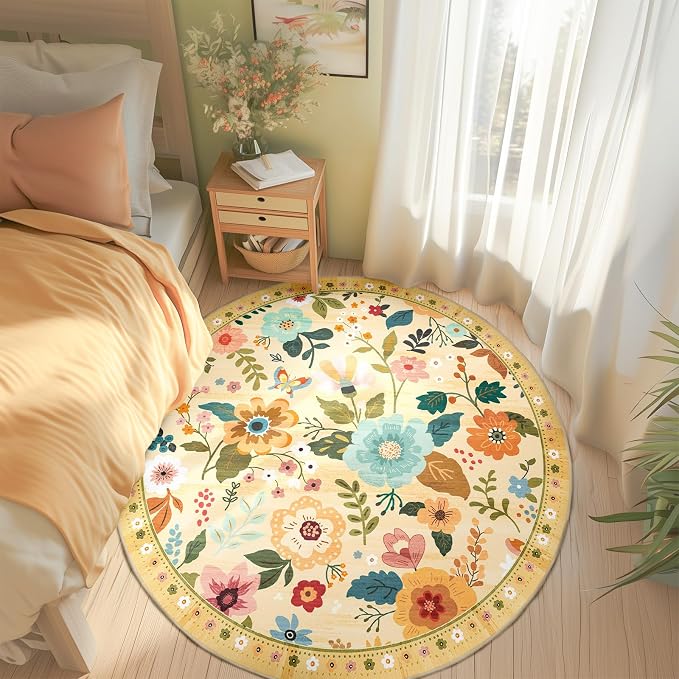 RELEANY Floral Washable Round 8ft Area Rug Ivory/Yellow | Flower Carpet Print - Image 8