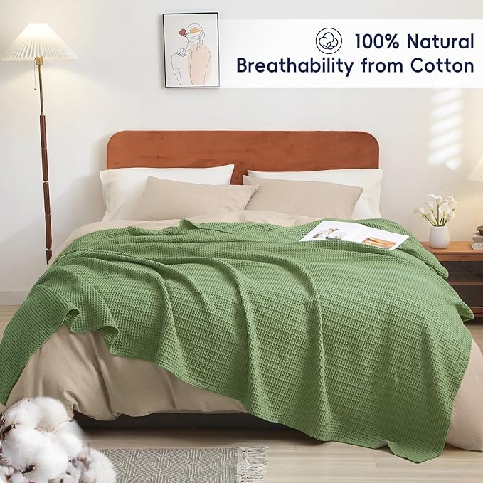 PHF 100% Cotton Waffle Weave Throw Blanket，Pre-Washed Snag Proof Lightweight Breathable Moisture-Wicking for Layering in Cold Weather for Couch Bed,Machine Washable,Home Decor Gift-Loden Green