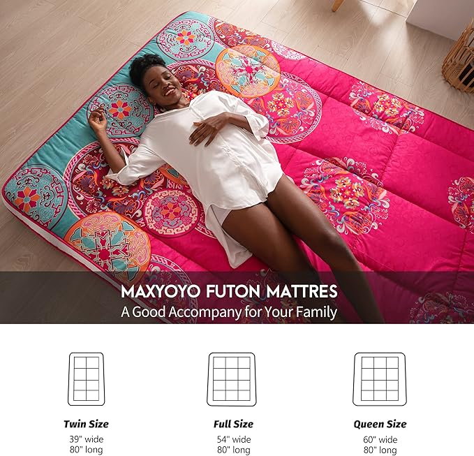 MAXYOYO Bohemian Style Futon Mattress, Padded Japanese Floor Mattress Quilted Bed Mattress Topper, Extra Thick Folding Sleeping Pad Breathable Floor Lounger Guest Bed for Camping Couch, Red, Twin