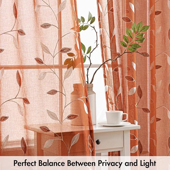 MIULEE Burnt Orange Sheer Fall Curtains 2 Panels Leaf Patterned, W52 x L84 | - Image 5