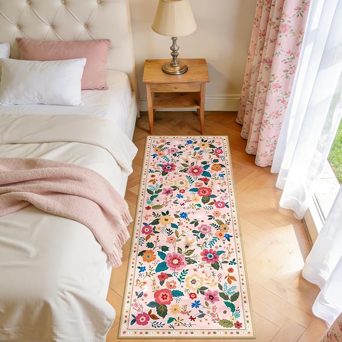 Floral Washable 2x5 Area Rugs Runner Entryway Hallway Pink | Flower Carpet - Image 3