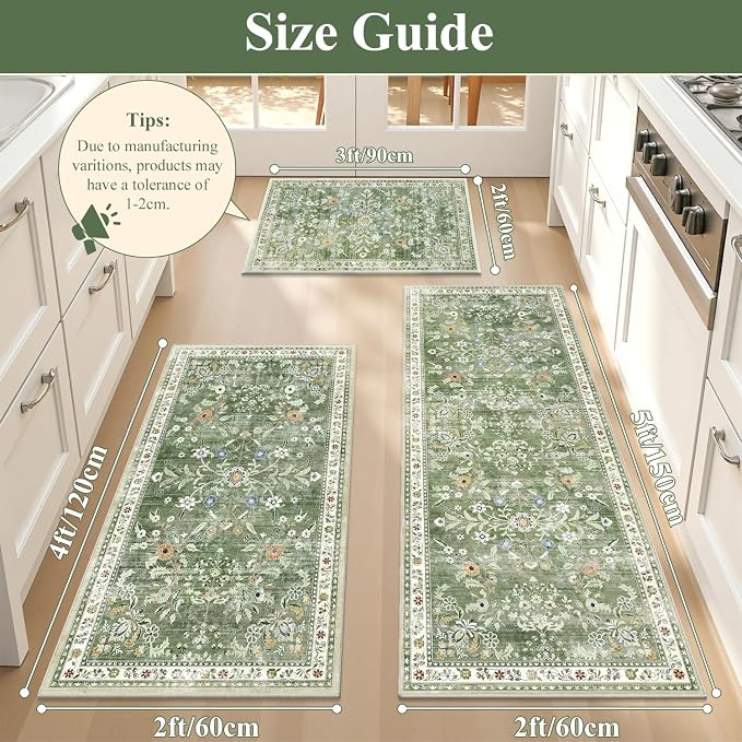 Yamaziot 2x3+2x4+2x5Ft Washable Kitchen Rug Set of 3 Non Slip, Sage Green | - Image 3