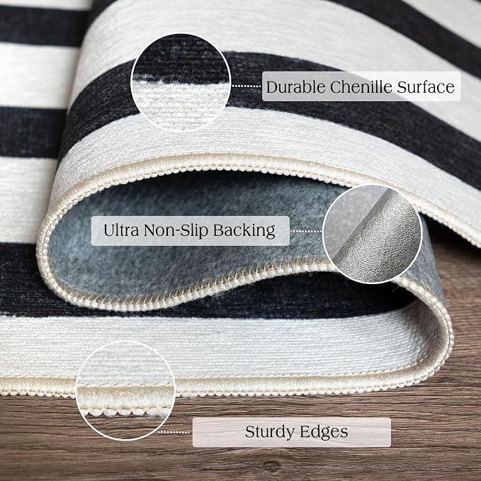 Black and White Striped Entry Rug, 3x5 Non-Slip Indoor Outdoor Rugs | Washable - Image 2