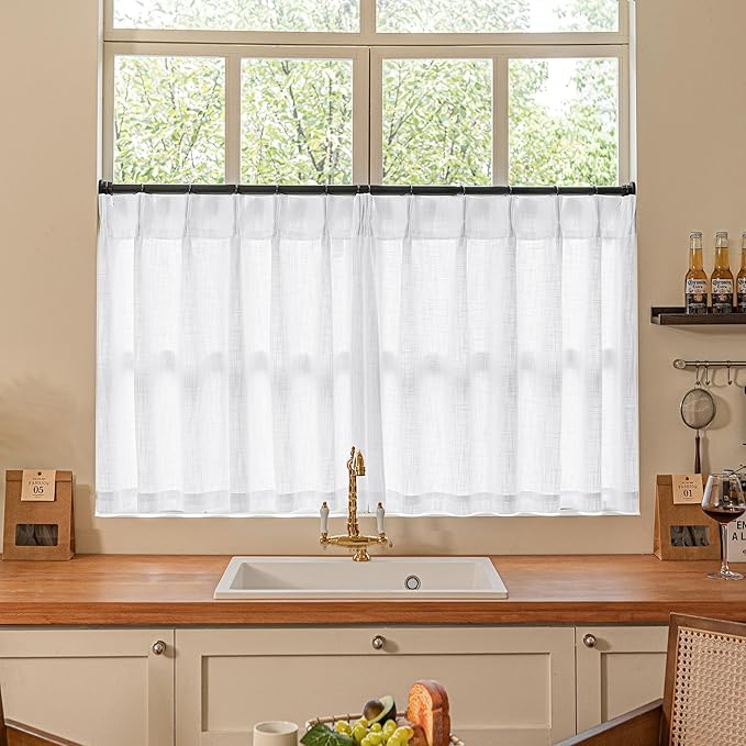 Pleated White Linen Semi Sheer Cafe 30 Inch Curtains 2 Panels | Light Filtering by Twodrapes
