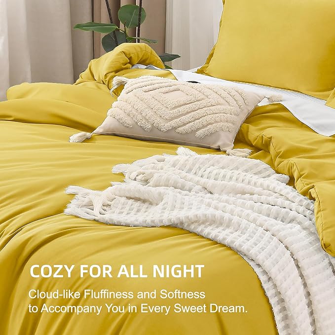 Litanika Mustard Yellow Comforter Set King Size, 3 Pieces Lightweight Solid Bedding Comforter Set, All Season Fluffy Bed Set (104x90In Comforter & 2 Pillowcases)