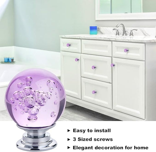 10 PCS Crystal Cabinet Knobs Round Glass Bubbles Dresser Knobs Smooth Drawer Knobs Handle for Home, Cabinet, Drawer and Dresser Hardware with 3 Different Size Screws, 30MM (Purple)