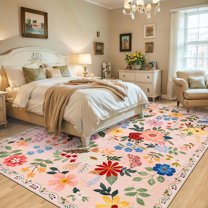 PLHXFR 8x10 Area Rug Living Room: Floral Washable Boho Soft Carpet Beige | - Image 3