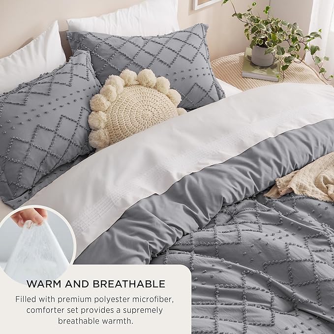 Bedsure Full Comforter Set - Grey Comforter, Boho Tufted Shabby Chic Bedding for Kids, 3 Pieces Vintage Farmhouse Bed Set for All Seasons, Fluffy Soft Bedding with 2 Pillow Shams
