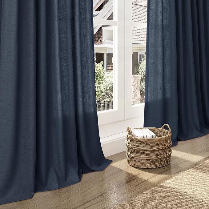Vintage Blue Linen Curtains 102 Inches Long Rod Pocket Back Tab Drapes 2 Panels - Image 6