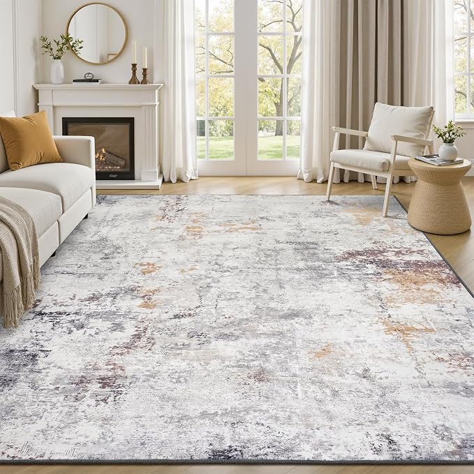 Rugflix 9x12 Area Rugs for Living Room, Washable Beige Grey Large Rug | Machine by RugflixAreaRugs