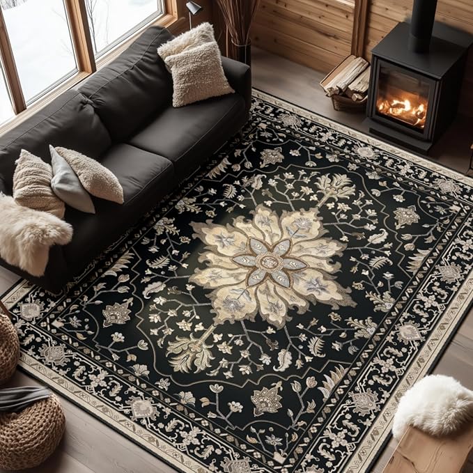 RELEANY Washable Area Rug, Water Repellent, Pet Friendly, Vintage Floral Boho by RELEANY