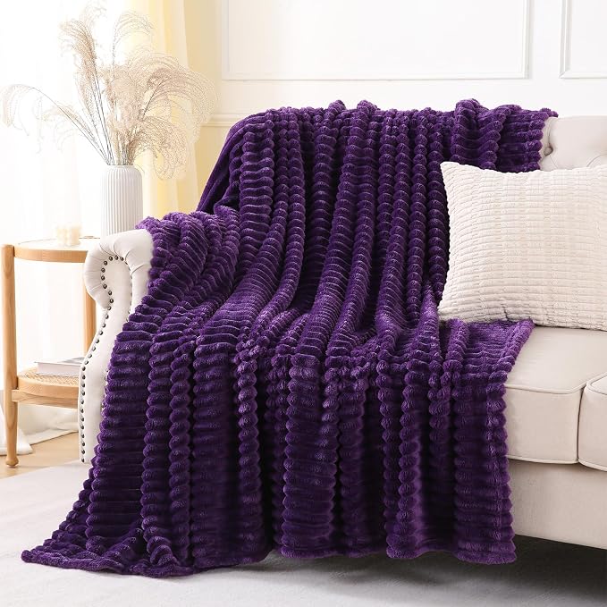 Deep Purple Throw Blanket for Couch Sofa 90x90 inches Striped Design | Fleece - Image 4