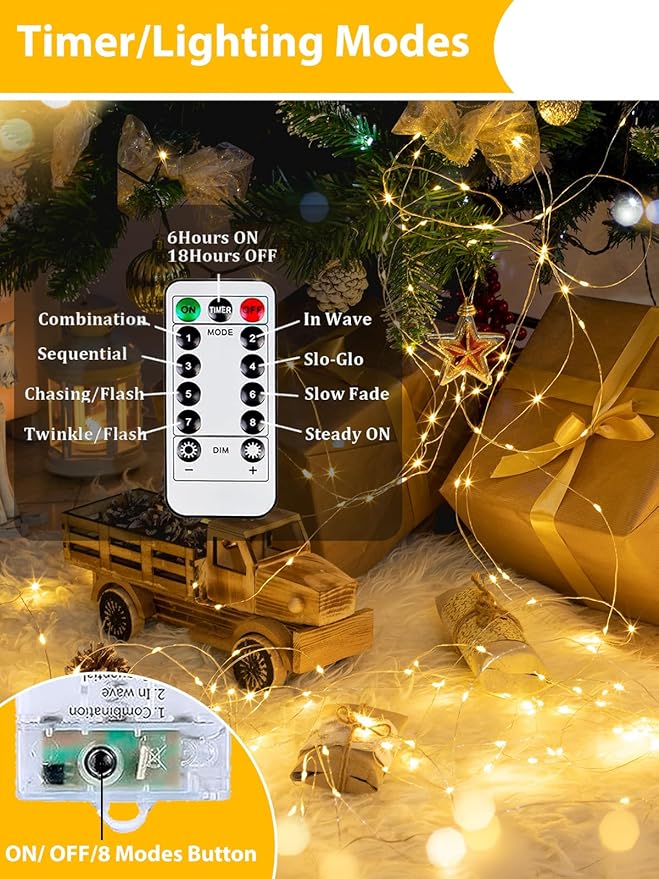 4 Pack 60LED Christmas Battery Operated Fairy Lights with Remote, 8 Modes String Lights with Timer, Dimmable, Memory Function, Waterproof Twinkle Lights for Outdoor Indoor Christmas Decor(Warm White)