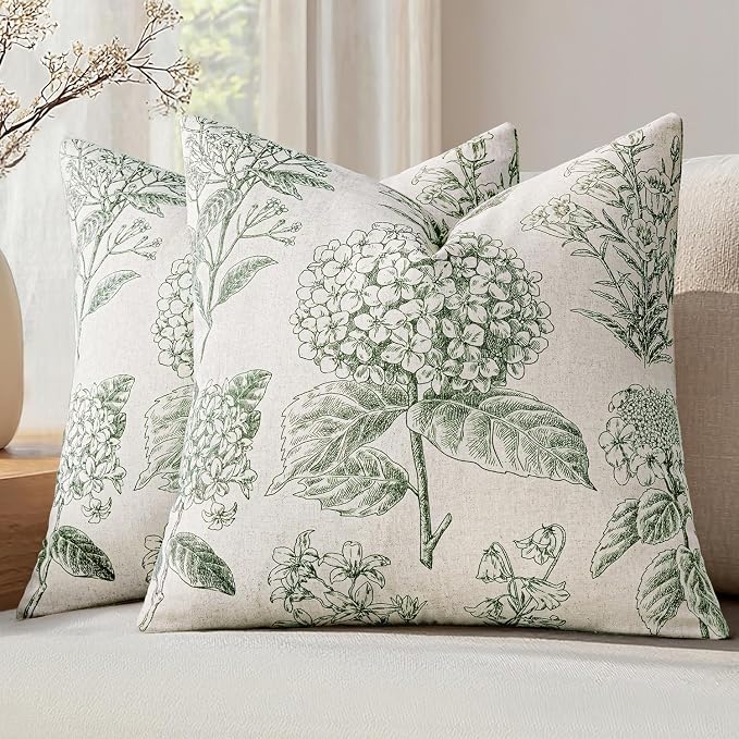 Set of 2 Decorative Floral Pillow Covers 20x20 Inch Dark Green | Neutral by SWANCOCO