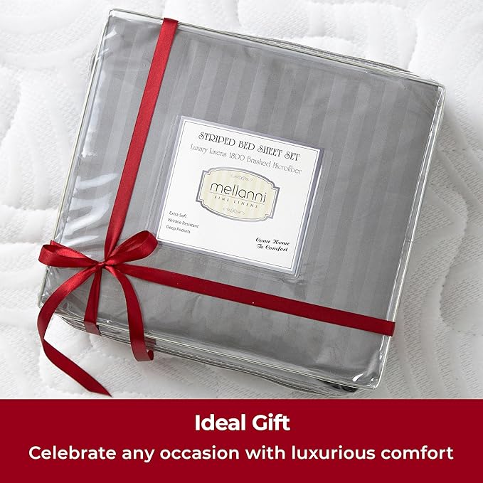 Mellanni Queen Sheets Set - 4 PC Iconic Collection Bedding - Hotel Luxury, Extra Soft, Cooling Bed Sheets - Wrinkle, Fade, Stain Resistant (Queen, Striped Gray/Silver)