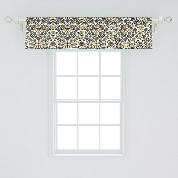Ambesonne Turkish Pattern Window Valance, Flowers in and Traditional Style, Curtain Valance for Kitchen Bedroom Decor with Rod Pocket, 42" x 12", Earth Yellow Slate Blue