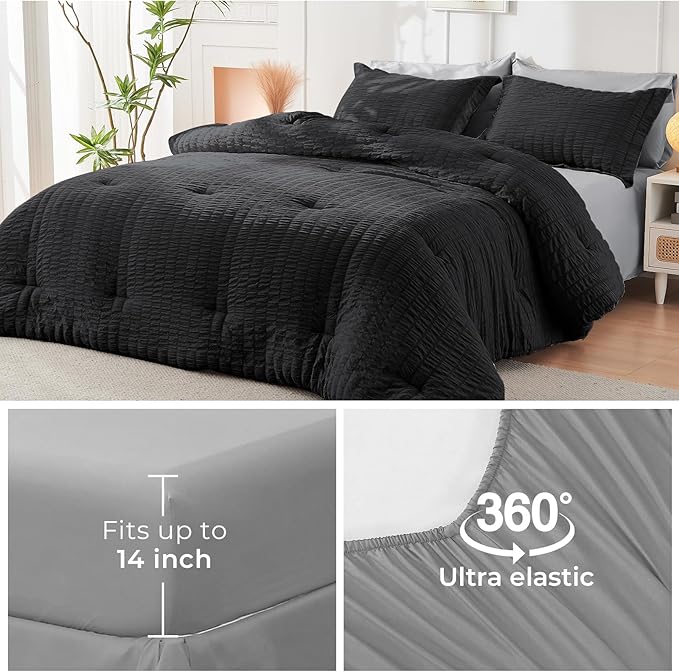 HYMOKEGE Black/Light Grey Full Size Comforter Sets Seersucker 7 Pieces, All Season Luxury Bed in a Bag for Bedroom, Bedding Set with Comforter, Sheets, Pillowcases & Shams