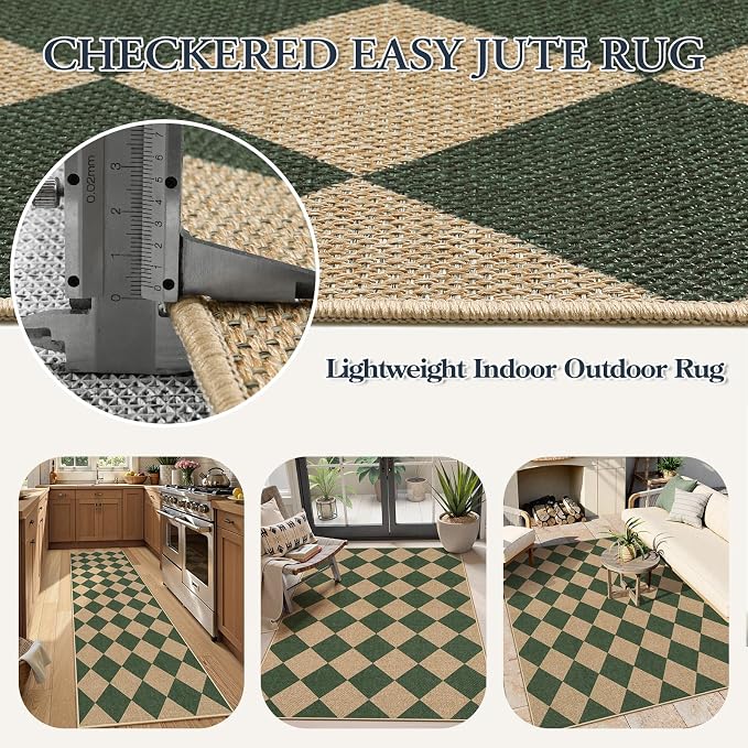 Lahome Checkered Easy Jute 3x5 Outdoor Patio Rug, Washable Rugs Green | Front - Image 5