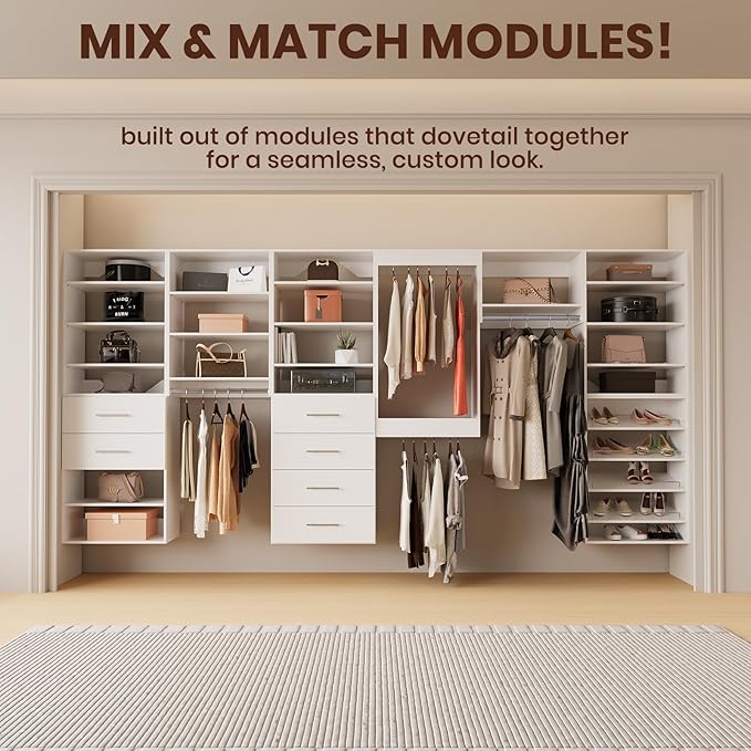 ROOMTEC 25.5" Shoe Shelf Short Tower Closet Unit, Modular Closet System with Shelf, Wardrobe Organizer for Bedroom or Walk-in Closet, Wall Mounted, Customizable Clothes Storage Unit, White