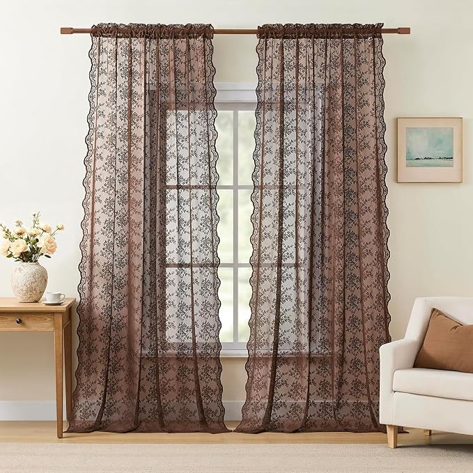 YJ YANJUN Vintage Lace Curtains 90 Inches Long-Victorian Floral Boho Brown by YJYANJUN