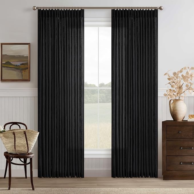 Black Linen Pleated Memory Shaped Semi Sheer Privacy Curtains 102 Inch Long | by Twodrapes
