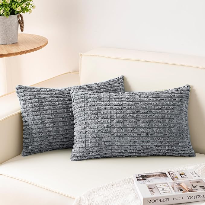 Pack of 2 Corduroy Decorative Throw Pillow Covers 12x24 Inch, Light Grey | Fall by Unknown
