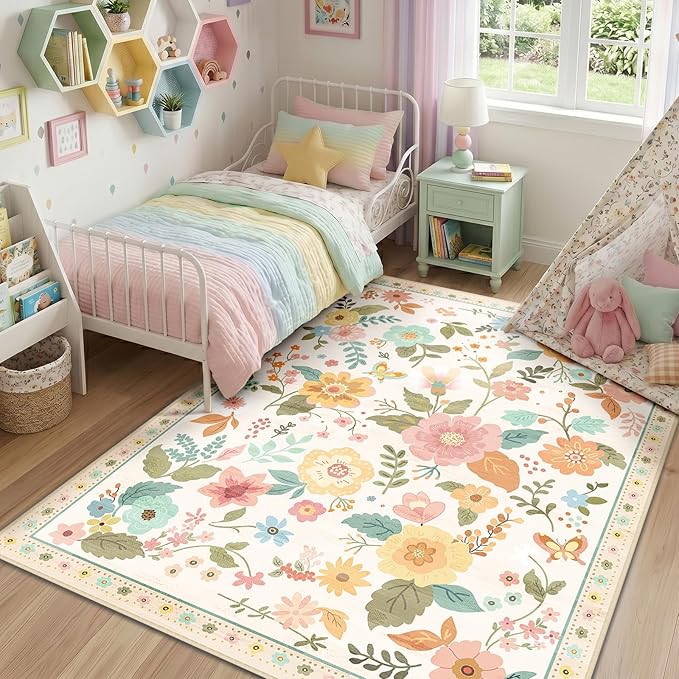 RELEANY Floral Washable 3x5 Area Rugs Beige/White/Orange | Flower Carpet Print by RELEANY