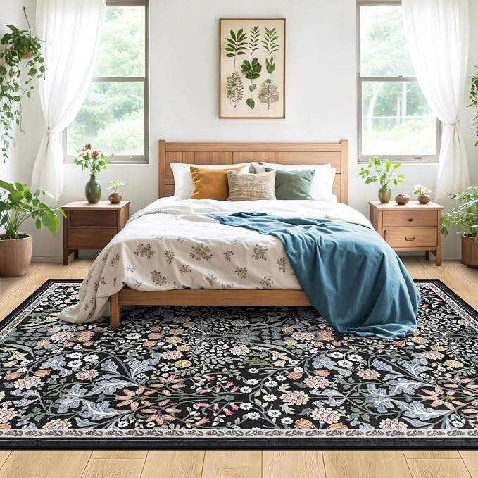 PLHXFR 6x9 Area Rug Living Room: Floral Washable Boho Carpet Dark Black | - Image 3